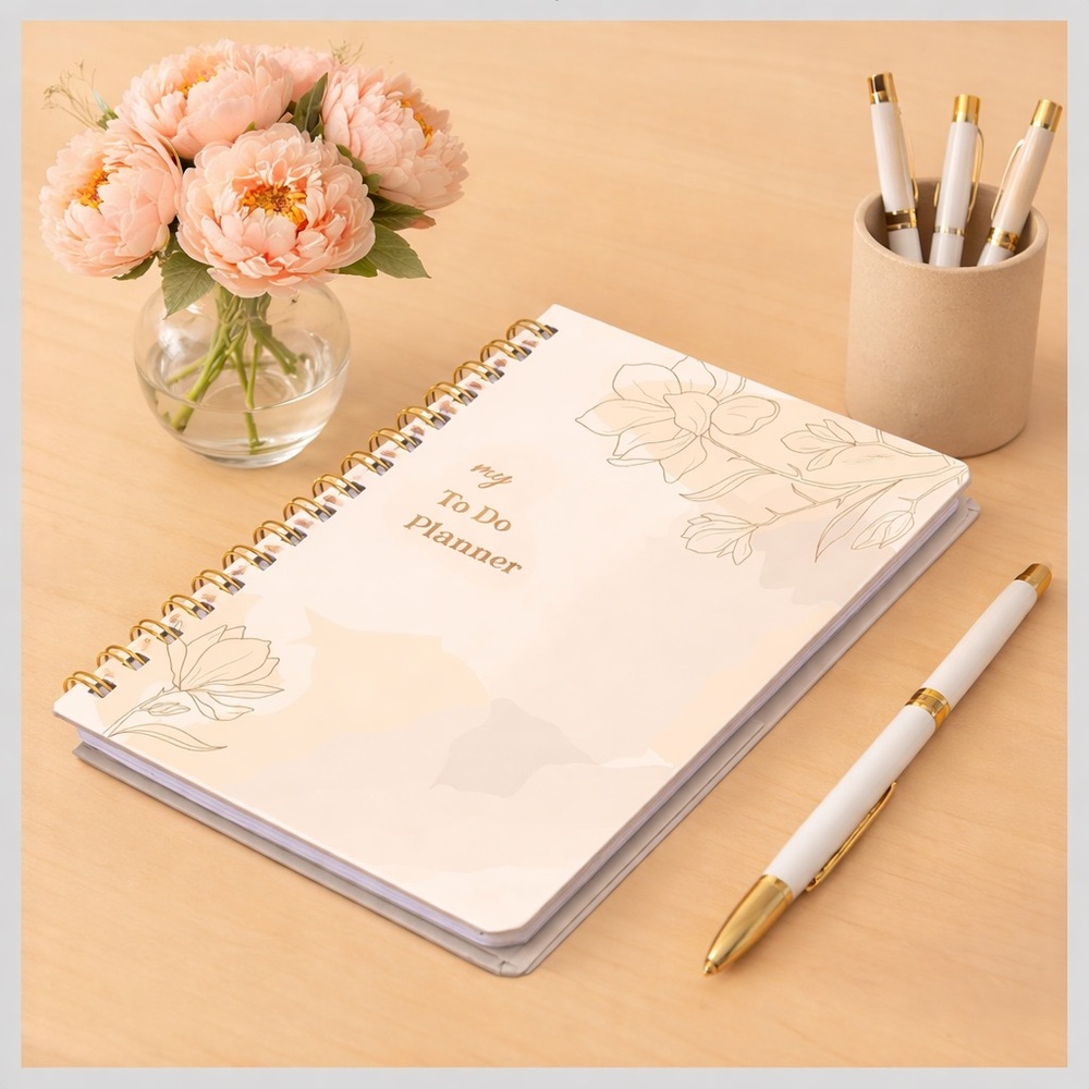 Undated Floral Spiral To Do Planner in Cream and Gold